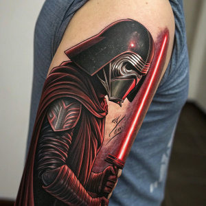 Realistic ink tattoo of Kylo Ren from Star Wars. Detailed design, dark red and gray colors, red lightsaber