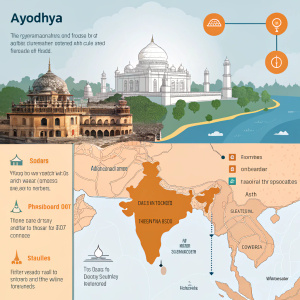 Interactive digital map focusing on Ayodhya. Northern India's ancient city highlighted. Displays historical facts, climate data, and language statistics.