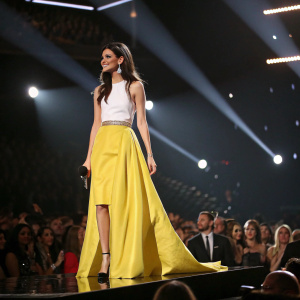 Victoria Justice, in elegant white top and yellow skirt, on stage at the Grammy Awards. Bright spotlights and cheering crowd