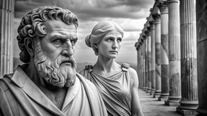 A black and white 4K, super realistic 1920x1080 wallpaper photo of a stoic with his wife Thoughtful portrait statue walking in a old greek city with pillars greeks.