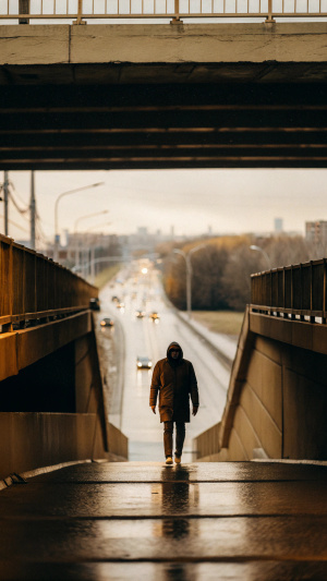 Persona triste caminando por un puente, por debajo pasa una autovia. Cinematico