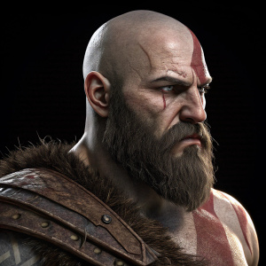 Close-up digital art of Kratos from God of War. Stern face, rugged look. Weathered skin, detailed textures. Dramatic lighting. Stark black background.