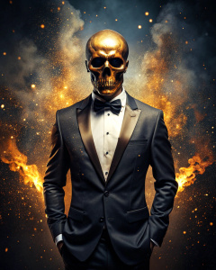 effect, photoshop action, realistic black gold skull with human body in tuxedo, fire, sparks, dust, explosion, smoke, sand, shadows, glow, glow, glare, light, slim, in style: serious, business, wise, quality xd, 