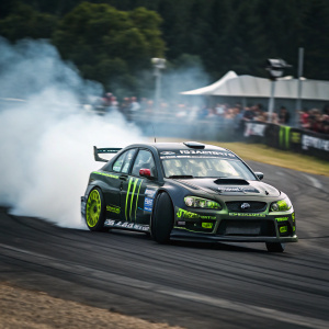 Monster Energy Subaru Impreza WRX STI at the start line. Smoky tires during high-speed turn, blurred background.