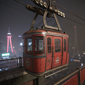 3D model of red cable car from Wolfenstein: Youngblood. Detailed industrial design. Dark background with futuristic cityscape