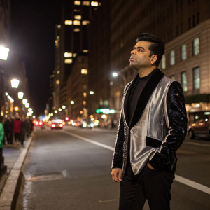 Karan Johar, a South Asian man in a black and silver jacket with black velvet accents, standing alone on a bustling city street at night.
