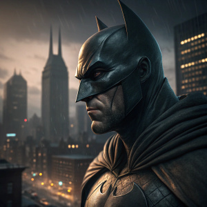 A 3D render of Batman's face. Dark Knight Series. Gotham City skyline in the background.