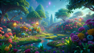 beautiful garden scape with many different coloured flowers, some trees and a few tiny insects flying around