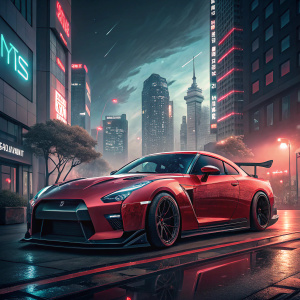Digital rendering of a sleek red sports car, Nissan GTR R35 Nismo, in a futuristic cityscape.