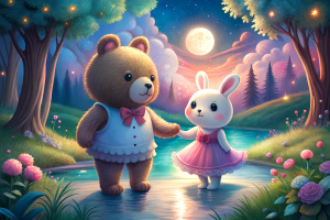 brown Bear and bunny in a dress. Next to a river at night