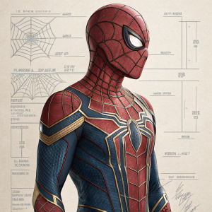 High-definition rendering of Spider-Man's suit, featuring intricate web-pattern designs. Created by Arachnid Studios. Blueprint-style illustration.