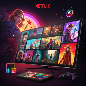 A screenshot of the Netflix homepage featuring a grid layout with colorful thumbnails showcasing various TV shows and movies. The background is dark with vibrant accents. The Netflix logo is prominently displayed.