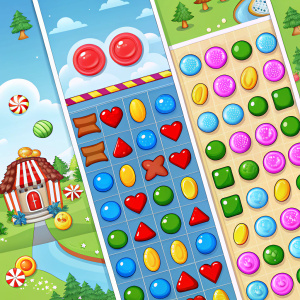 Multiple gameplay screenshots from Candy Crush Saga. Each level features vibrant colors and candy-themed graphics.
