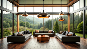 A modern living room with high ceilings and picture windows offering a panoramic view of the lush greenery outside. The interior features a dark, minimalist color scheme, with a large, plush sofa in the center, a flat-screen TV mounted against the glass wall, and stylish wooden flooring. Hanging from the ceiling is a series of copper-colored spherical pendant lights, adding a warm glow to the space. The atmosphere is cozy and luxurious, perfect for relaxing or receiving guests. In the center of 