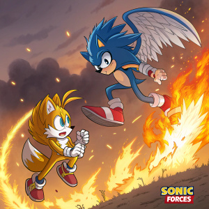 Illustration of Sonic and Tails in a dramatic fighting pose. Intense fiery background. Vibrant colors and dynamic design. Sonic Forces logo at the bottom right corner.
