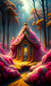 a small pink cottage house covered in golden silk situated in a silver magical forest