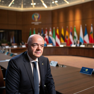 Gianni Infantino, FIFA's president, in a formal meeting. Dark suit, no hair, serious expression. Background of international conference room