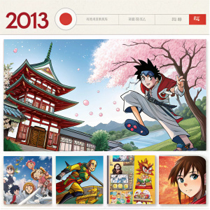 Homepage of an online store dedicated to Japanese culture. Features anime posters, manga books, and video games. The interface is in Spanish. Top banner shows the year 2013.
