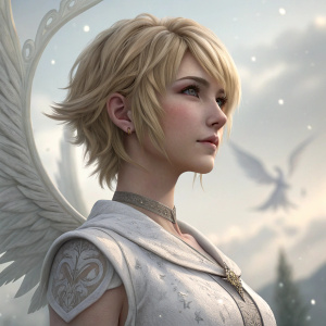 Lunafreya Nox Fleuret, from Final Fantasy XV, in a detailed 3D render. She has short blonde hair and a gentle, soft appearance. The background is a soft, abstract blur with intricate details.