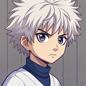 Pixel art illustration of Killua Zoldyck. Anime character with a serious expression. Prominent eyebrows and detailed eyelashes. Simple, muted background.