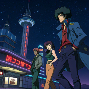 Cowboy Bebop promotional artwork. Neon lights and space stations in the background, dark blue theme