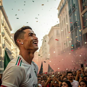 Cristiano Ronaldo, soccer star, at a bustling street festival. Crowd cheering, confetti flying.