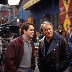 Matthew Broderick and Marlon Brando on the set of 'The Freshman', amidst vibrant film production backdrop.