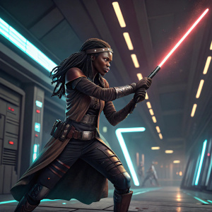 Digital art of Michonne, The Walking Dead character. In battle pose. Futuristic setting. Visible from all angles.