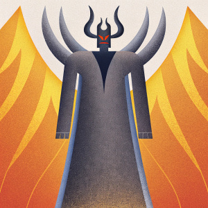 A 3D rendering of a dark, ominous figure inspired by the villain Aku from Samurai Jack. Standing tall with sharp, angular features, a menacing aura, and a fiery horn atop the head. Against a plain white background.