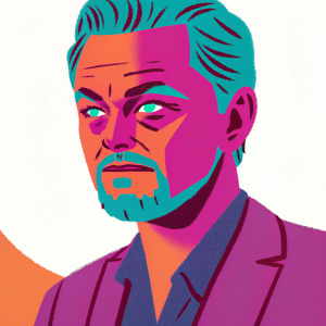 Digital 3D render of Leonardo DiCaprio's face. High contrast black and white. Detailed eyes, eyebrows, and jawline. Sculptural texture and depth emphasized.