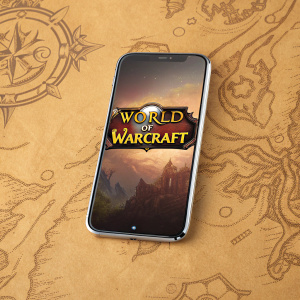 A vintage-style parchment background with World of Warcraft logo displayed on a smartphone screen. Advertisement for mobile gaming.