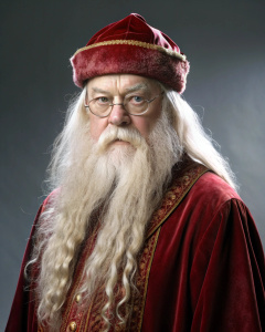 Aberforth Dumbledore,Wearing glasses, white hair, broad shoulders, dressed in deep red clothing, wearing red hat, dense white beard, full-body photo
