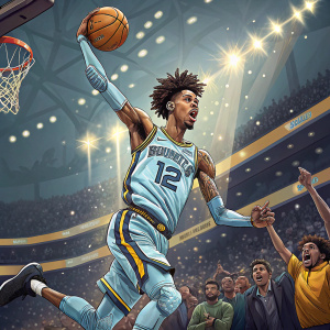 Ja Morant, the energetic basketball star, mid-game leap with the Memphis Grizzlies jersey. Crowded stadium background