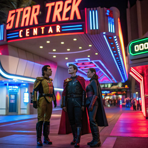 Cosplayers at Star Trek convention. Neon lights, futuristic set design, bold signage