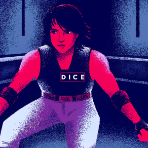 Digital illustration of Faith, the character from Mirror's Edge Catalyst. Fit physique, short dark hair, focused expression. Wearing close-fitting futuristic outfit. Sleeveless top and fitted pants. Grayscale tones, Dice logo prominently displayed.