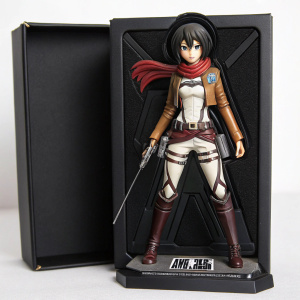 High-quality image of Mikasa Ackerman action figure from Attack on Titan series, still sealed in its black packaging featuring detailed artwork.
