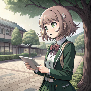 Digital art of Chiaki Nanami, a character from Danganronpa. Petite build, short hair, focused look. Wearing a green school uniform, holding a tablet. Background is a serene, outdoor schoolyard.