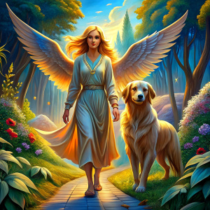 angel walking their golden retriever