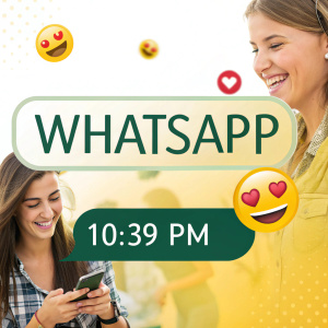 WhatsApp conversation between friends, displaying Spanish text and emojis. Cheerful background, friendly tone, playful message at 10:39 PM