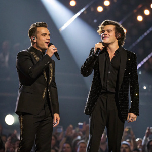 Robbie Williams and Harry Styles, performing at the Brit Awards. Both in black suits. Spotlight and cheering crowd