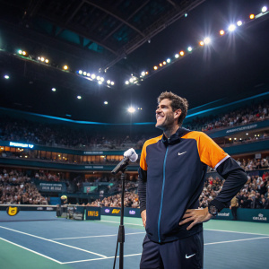 Juan Martin del Potro during a post-match interview. Wearing a Nike sports outfit. Indoor tennis arena. Crowded stands