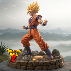 Highly detailed 3D render of Gohan from Dragon Ball Z. Dynamic pose. Rocky outcropping base adorned with Dragon Ball Z logo. Gohan's muscular build and fierce expression are captured in intricate detail.