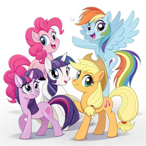 Cartoony illustration. Twilight Sparkle, Pinkie Pie, Rainbow Dash, Applejack, Rarity, and Fluttershy in various poses. Against a sleek, white background.
