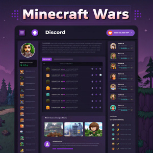 A detailed screenshot of the Minecraft Wars interface featuring a dark background with purple accents. The header includes Discord icons. Main chat area shows text-based conversations with avatars of users. Sidebar displays options and user profiles.