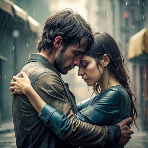 Pareja llorando bajo la lluvia despidiéndose desesperados con el corazón destrozado abrazándose fuertemente 

