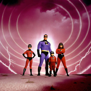 Promotional image for The Incredibles movie. Bob Parr in blue suit, Helen Parr in form-fitting red bodysuit, Violet Parr in purple cape, Dash Parr in orange suit, and Jack-Jack Parr. Set against a dynamic backdrop of swirling shapes and vivid hues.