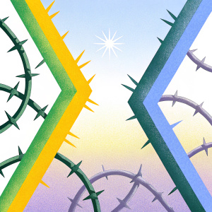 Concept art for Lil Uzi Vert's Luv Is Rage 3 album cover. The design combines intricate barbed wire elements with a dual perspective view showcasing two distinct angles simultaneously.