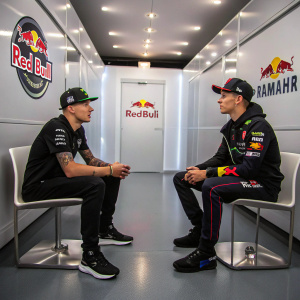 Fabio Quartararo and a team representative, dressed in branded MotoGP gear, sitting in a sleek interview room. Surrounded by multiple sponsor logos including Red Bull and Yamaha. Athletic build, fair skin. Modern setting, minimalistic decor with logo-laden walls.