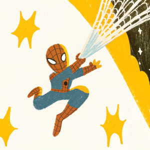 Spider-Man swinging from a web, mid-air pose, dynamic action shot. Black background