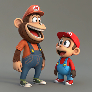 3D digital animation featuring characters from Marco Macaco. Exaggerated cartoon proportions and playful expressions. Characters are dressed casually. Neutral grey background